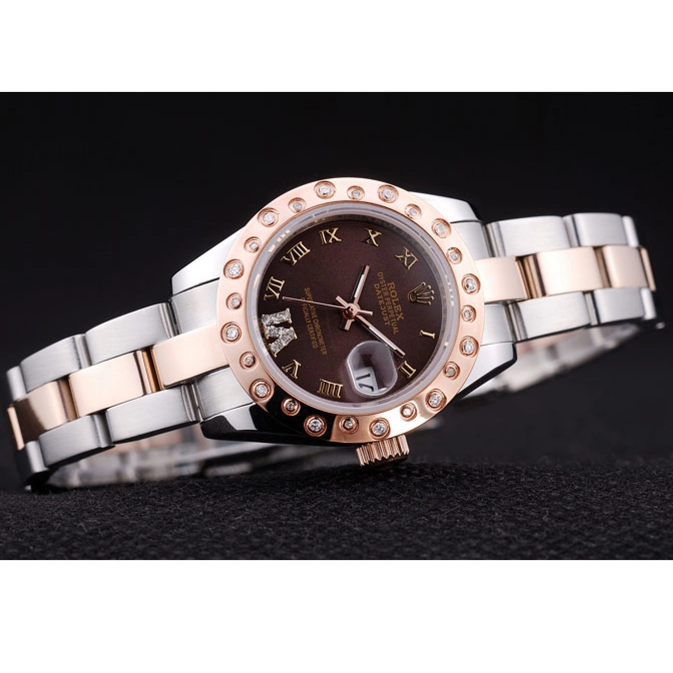 Aaa fake watches Gold Bezel Rose Brown Rolex Dial Polished Datejust Diamonds 7475 0825